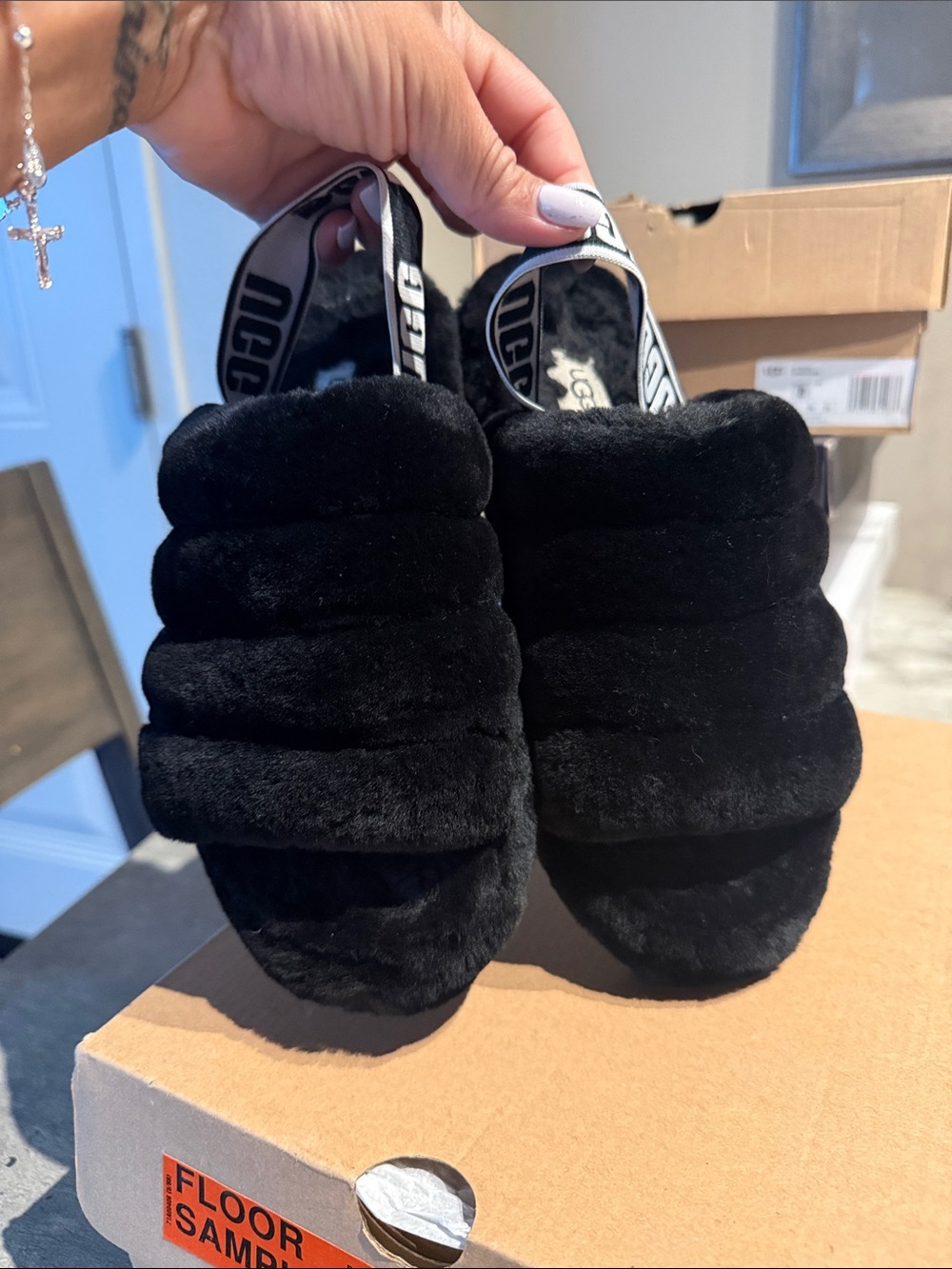 UGG Black Plush Fluff Yea Slide with Branded Elastic Heel Strap